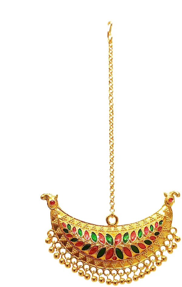 Assamese_Traditional_Copper_Gold_Plated_Red_Green_Colour_Maang_Tikka_For_Women